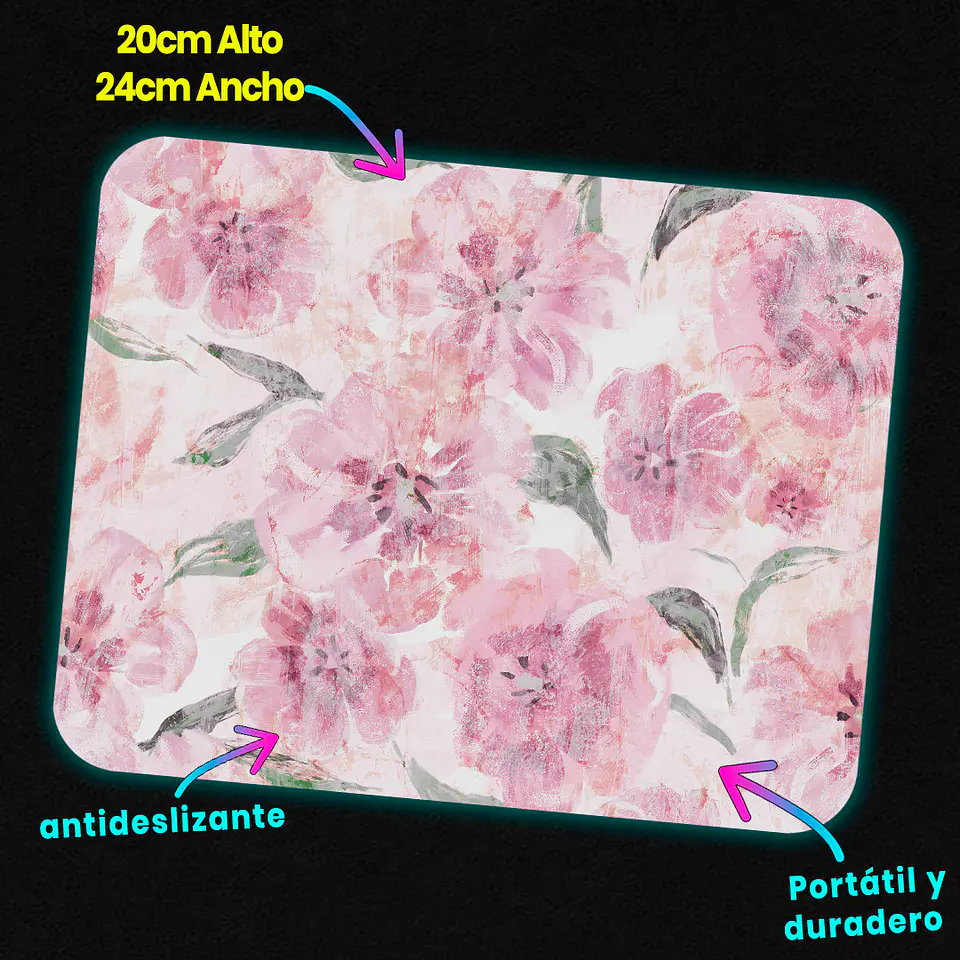 Mousepad 20x24 cm - Diseño Flores Rosadas Acuarela 3