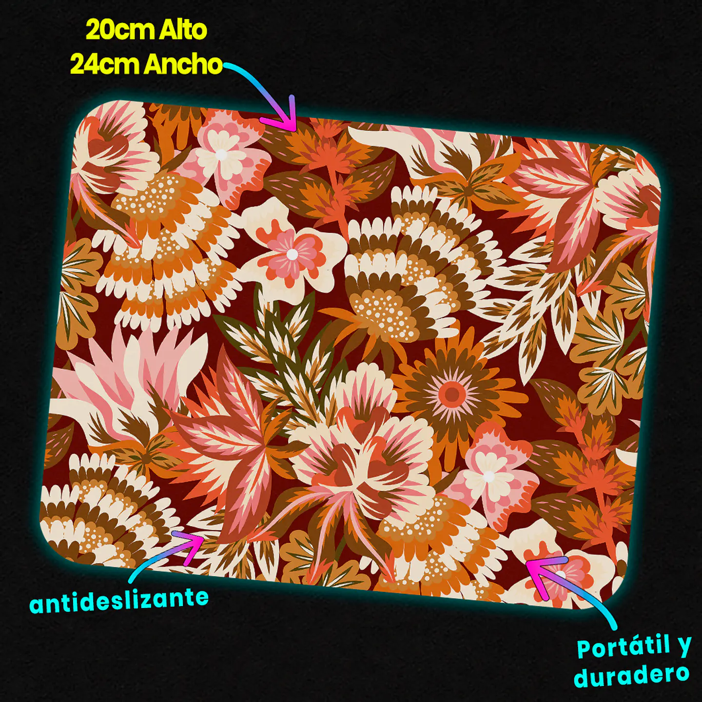 Mousepad 20x24 cm - Diseño Flores Retro en Tonos Cálidos 3