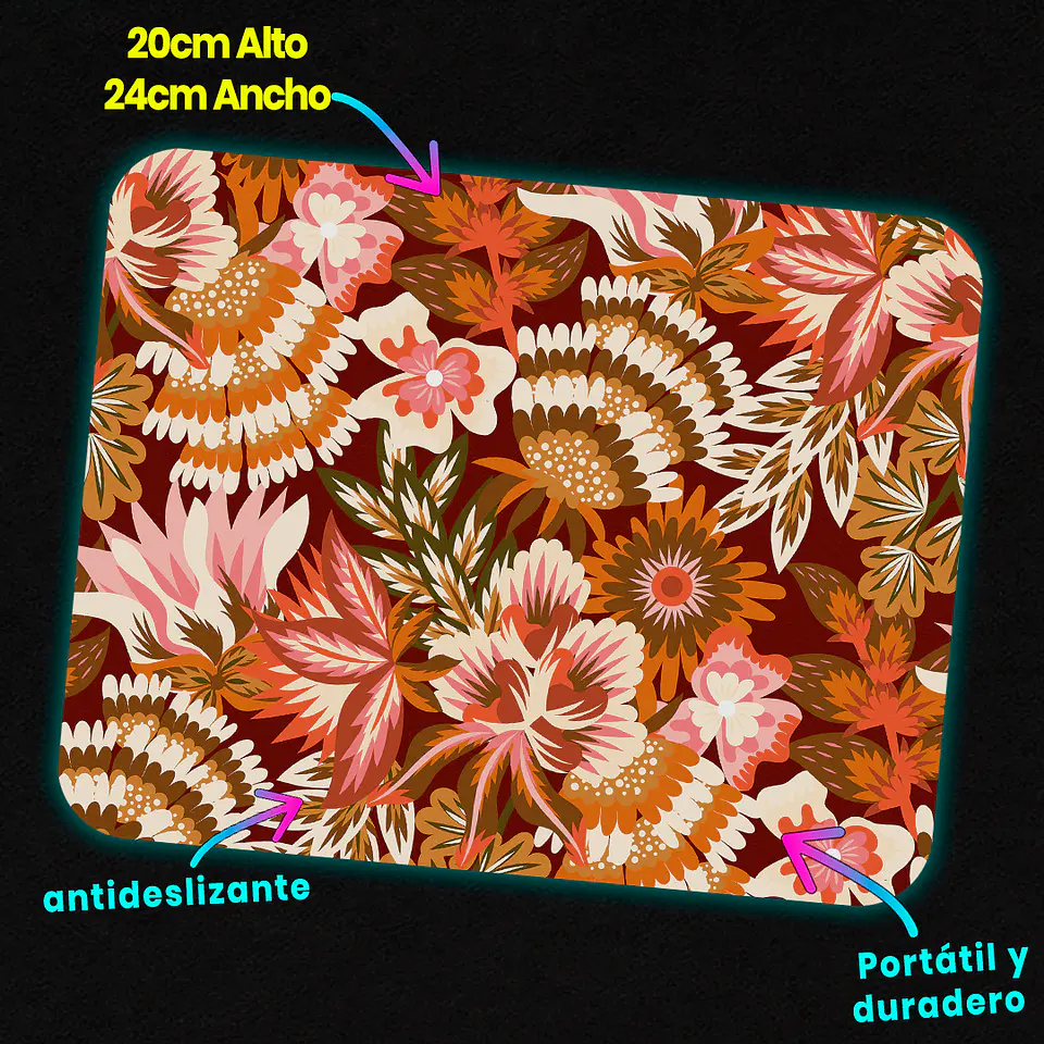 Mousepad 20x24 cm - Diseño Flores Retro en Tonos Cálidos 3