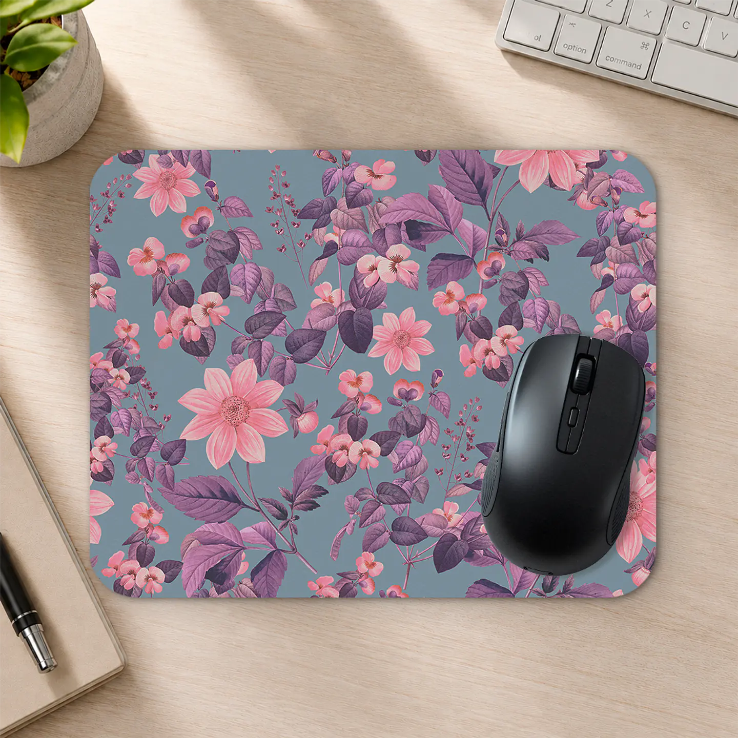 Mousepad 20x24 cm - Diseño Flores Rosadas y Hojas Moradas 2