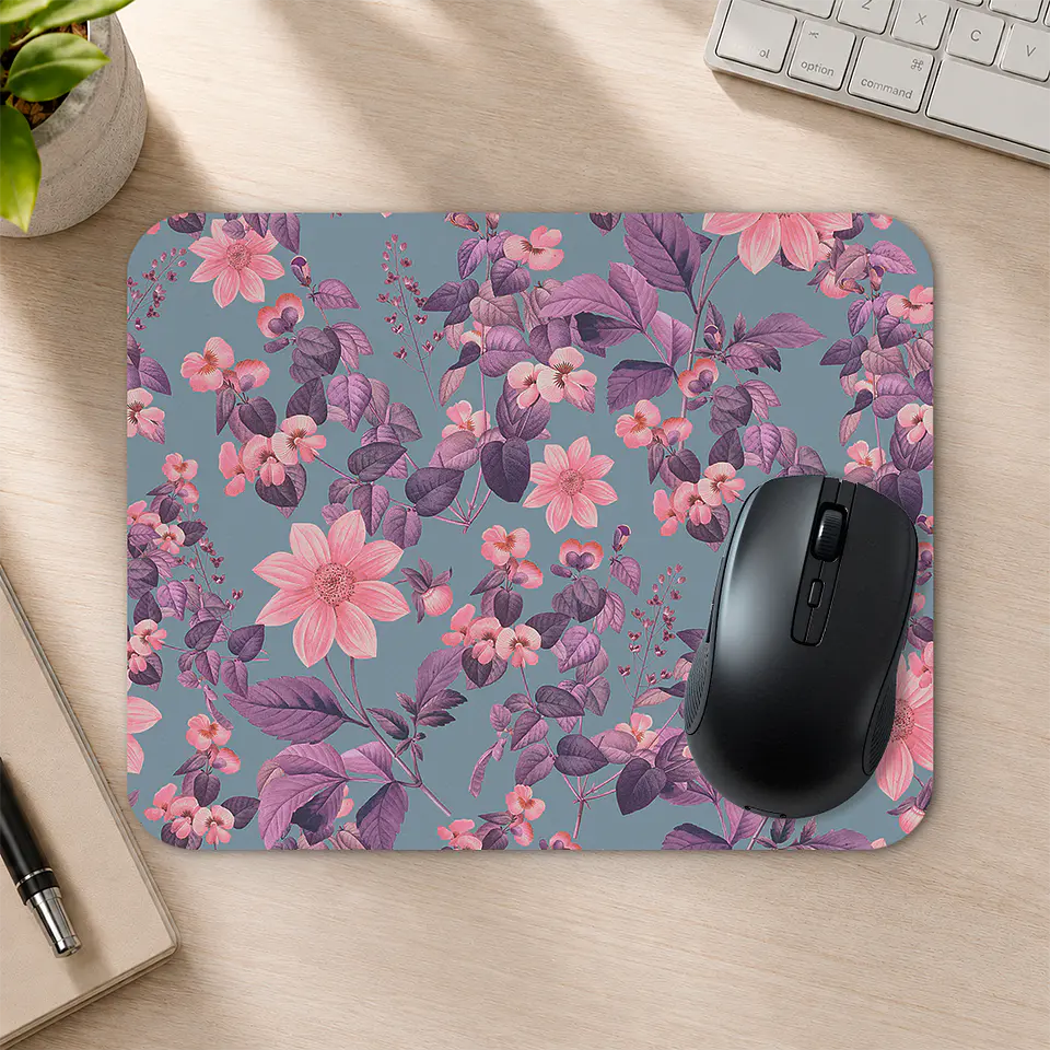 Mousepad 20x24 cm - Diseño Flores Rosadas y Hojas Moradas 2