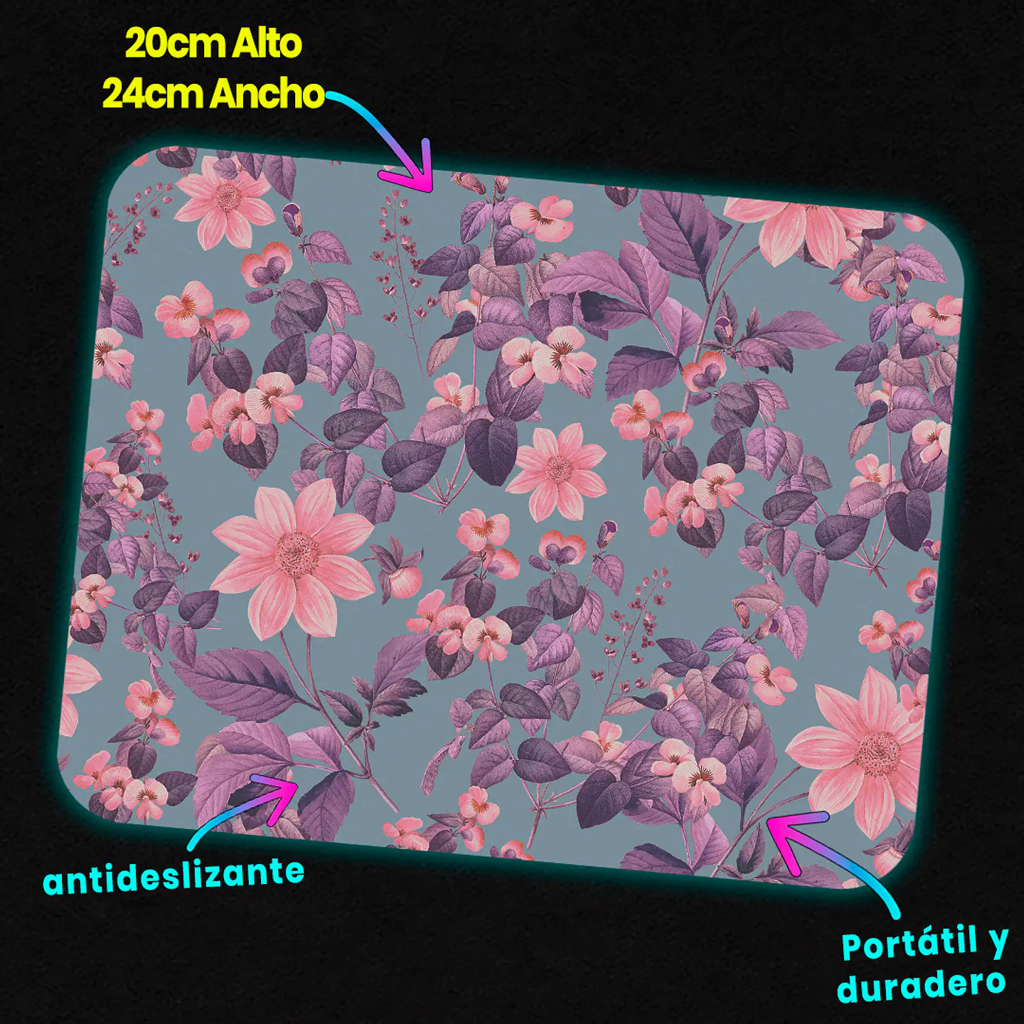 Mousepad 20x24 cm - Diseño Flores Rosadas y Hojas Moradas 3