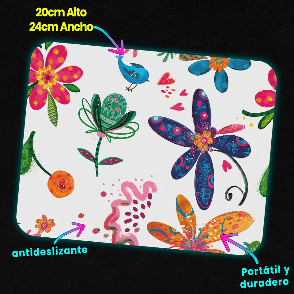 Mousepad 20x24 cm - Diseño Flores Coloridas con Pájaros 3