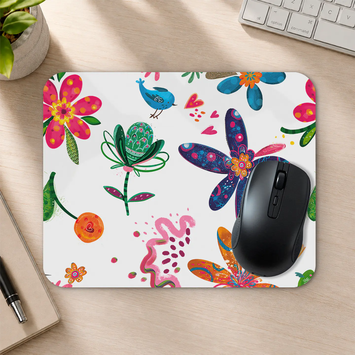 Mousepad 20x24 cm - Diseño Flores Coloridas con Pájaros 2