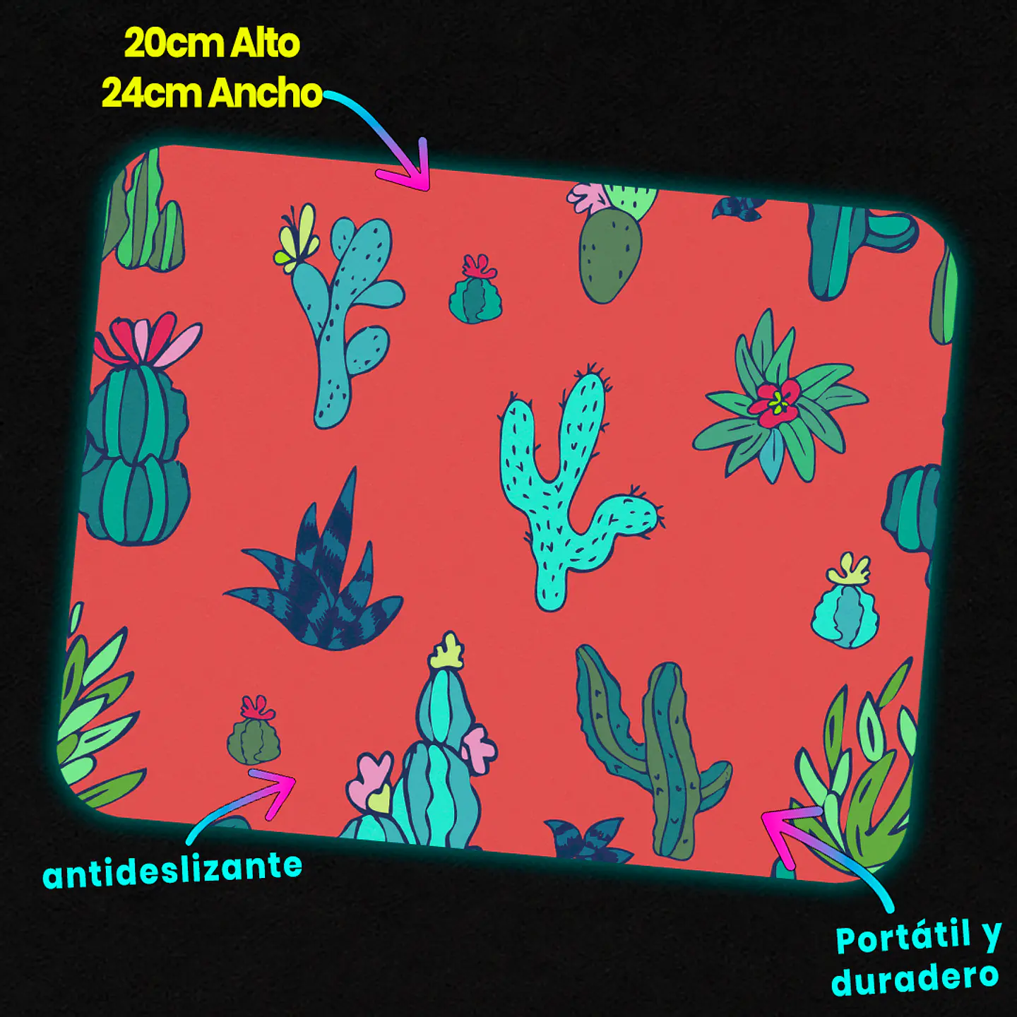 Mousepad 20x24 cm - Diseño Cactus Coloridos Fondo Coral 3