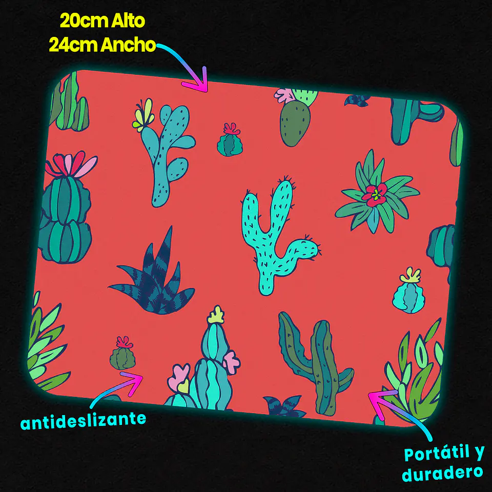 Mousepad 20x24 cm - Diseño Cactus Coloridos Fondo Coral 3