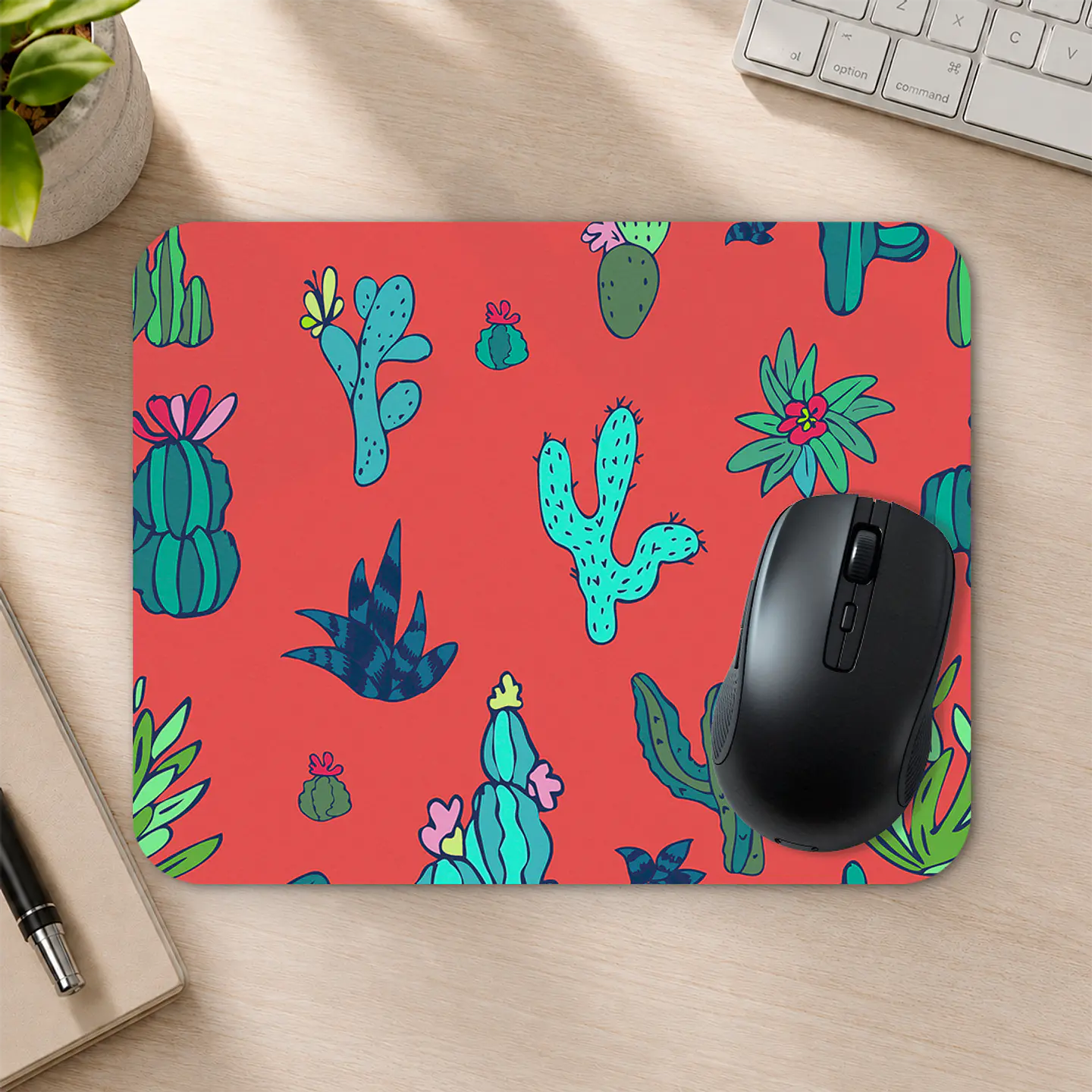 Mousepad 20x24 cm - Diseño Cactus Coloridos Fondo Coral 2