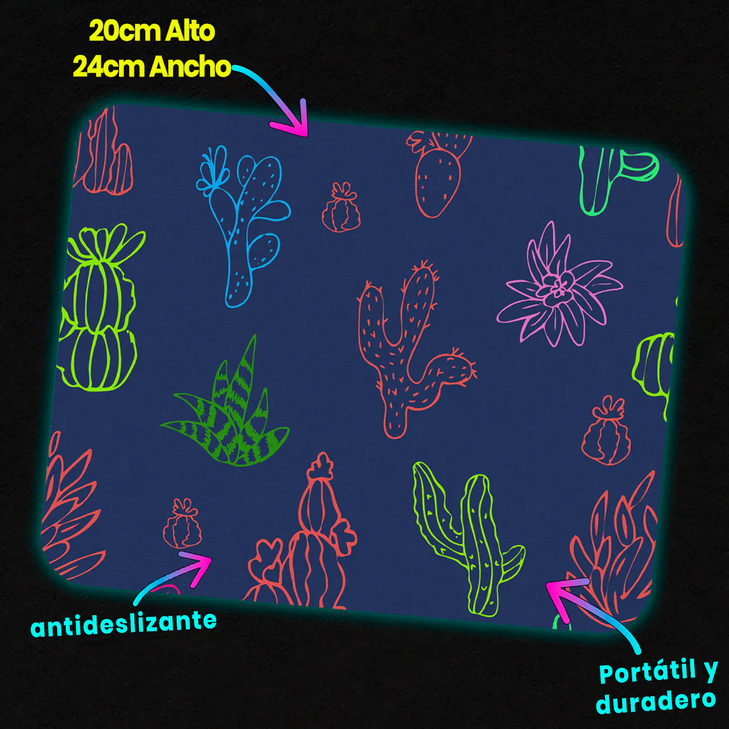 Mousepad 20x24 cm - Diseño Cactus Neón Fondo Azul Oscuro 3