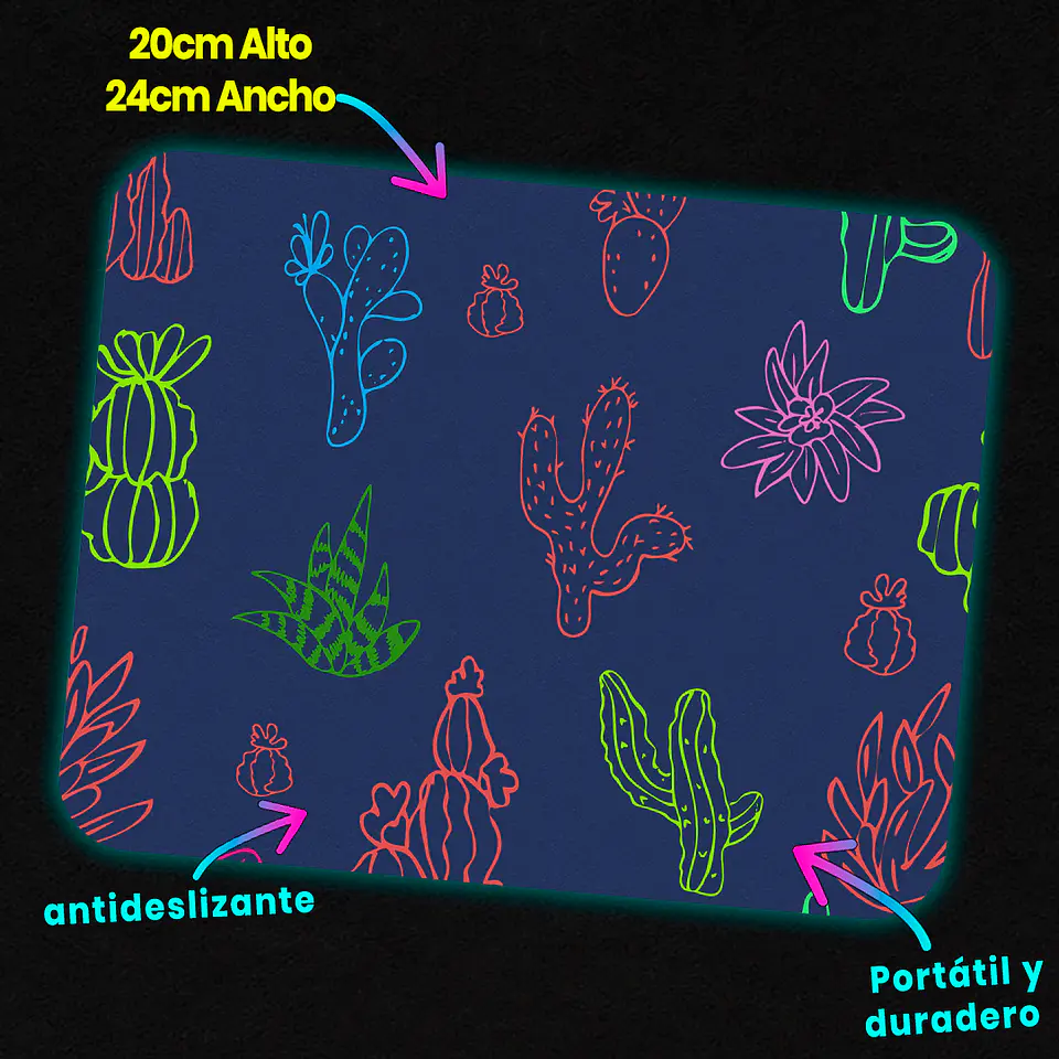 Mousepad 20x24 cm - Diseño Cactus Neón Fondo Azul Oscuro 3