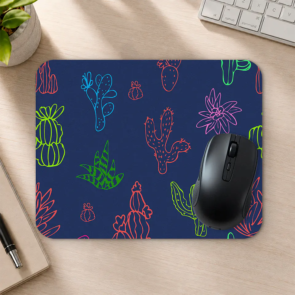 Mousepad 20x24 cm - Diseño Cactus Neón Fondo Azul Oscuro 2