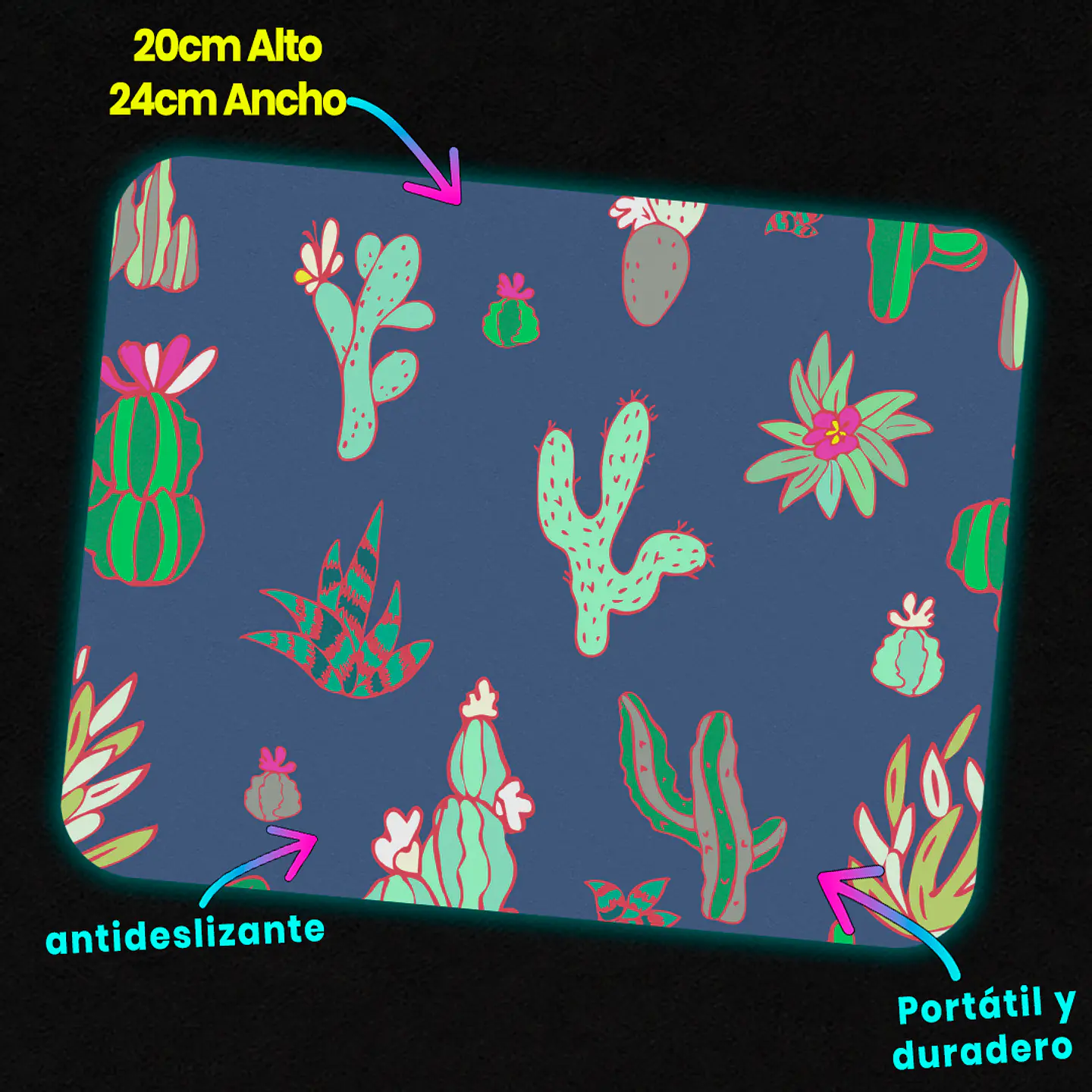 Mousepad 20x24 cm - Diseño Cactus Pastel sobre Fondo Azul 3
