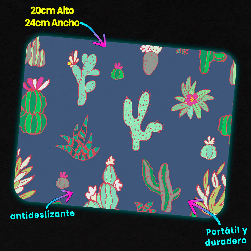 Mousepad 20x24 cm - Diseño Cactus Pastel sobre Fondo Azul 3
