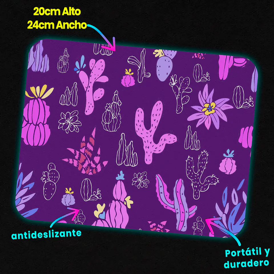 Mousepad 20x24 cm - Diseño Cactus Rosados Fondo Morado 3