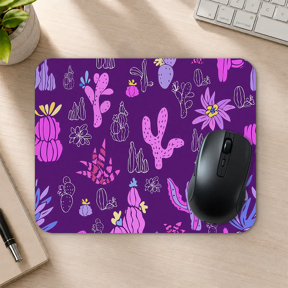 Mousepad 20x24 cm - Diseño Cactus Rosados Fondo Morado 2