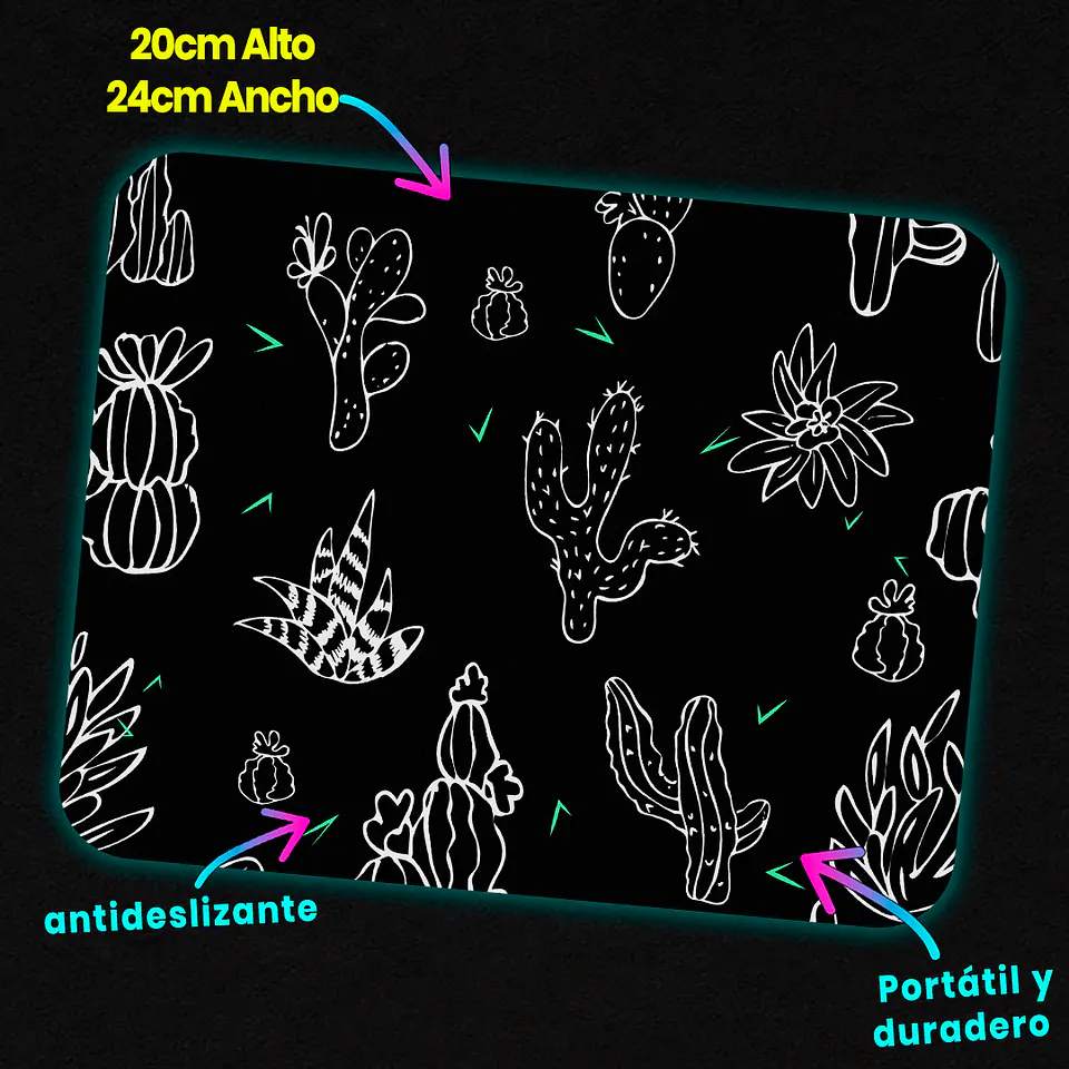Mousepad 20x24 cm - Diseño Cactus Blancos Fondo Negro 3