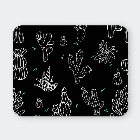 Mousepad 20x24 cm - Diseño Cactus Blancos Fondo Negro