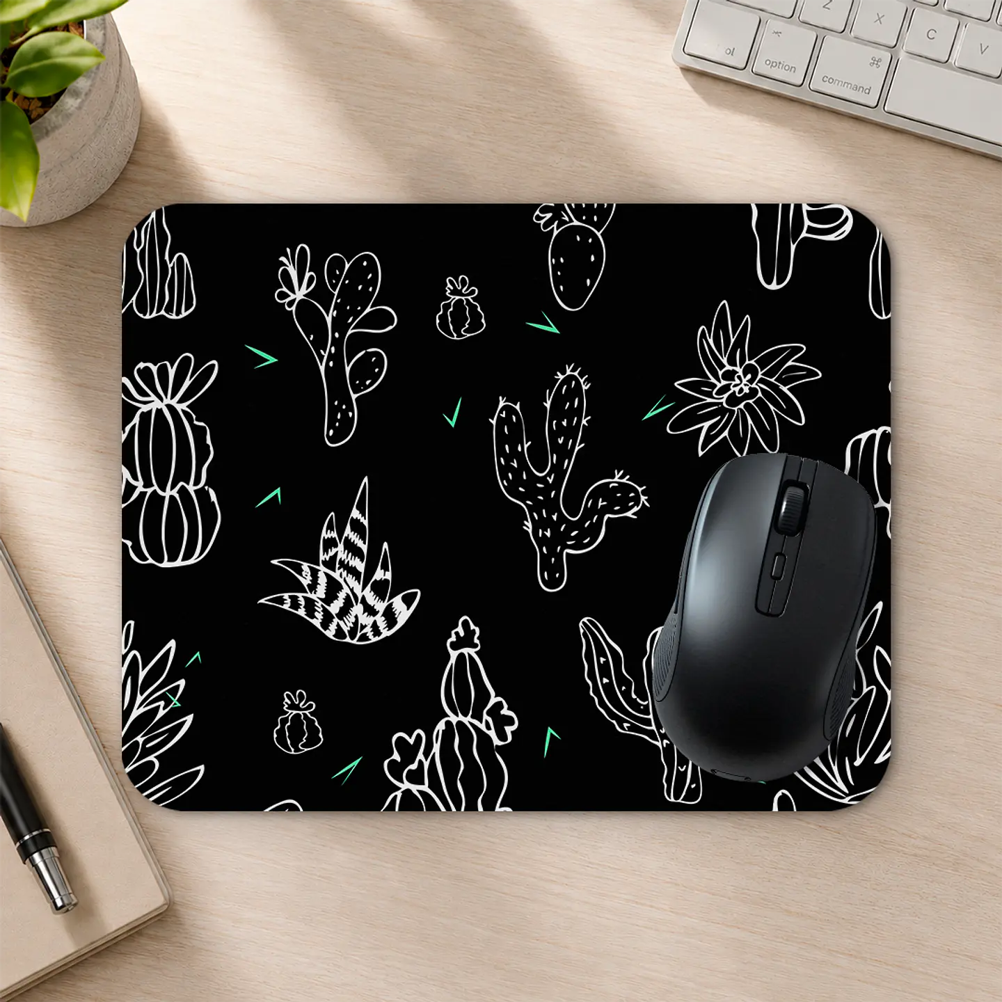 Mousepad 20x24 cm - Diseño Cactus Blancos Fondo Negro 2