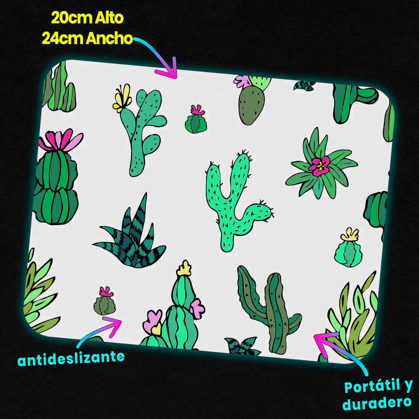 Mousepad 20x24 cm - Diseño Cactus Coloridos Fondo Blanco 3