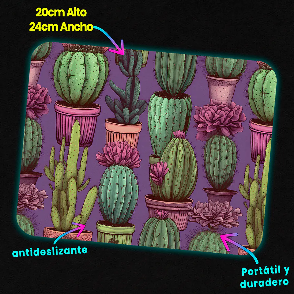 Mousepad 20x24 cm - Diseño Cactus en Maceteros Fondo Morado 3