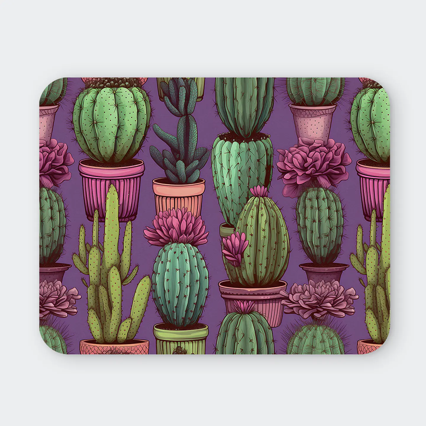 Mousepad 20x24 cm - Diseño Cactus en Maceteros Fondo Morado 1