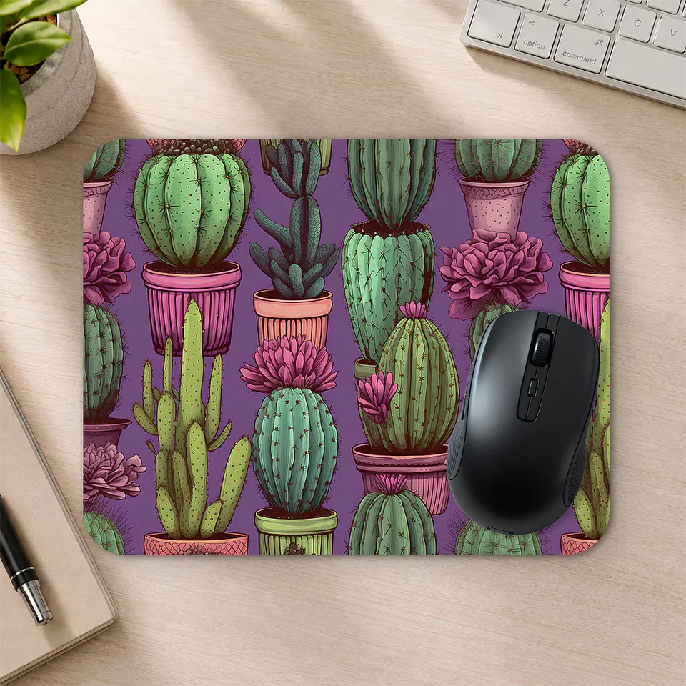 Mousepad 20x24 cm - Diseño Cactus en Maceteros Fondo Morado 2