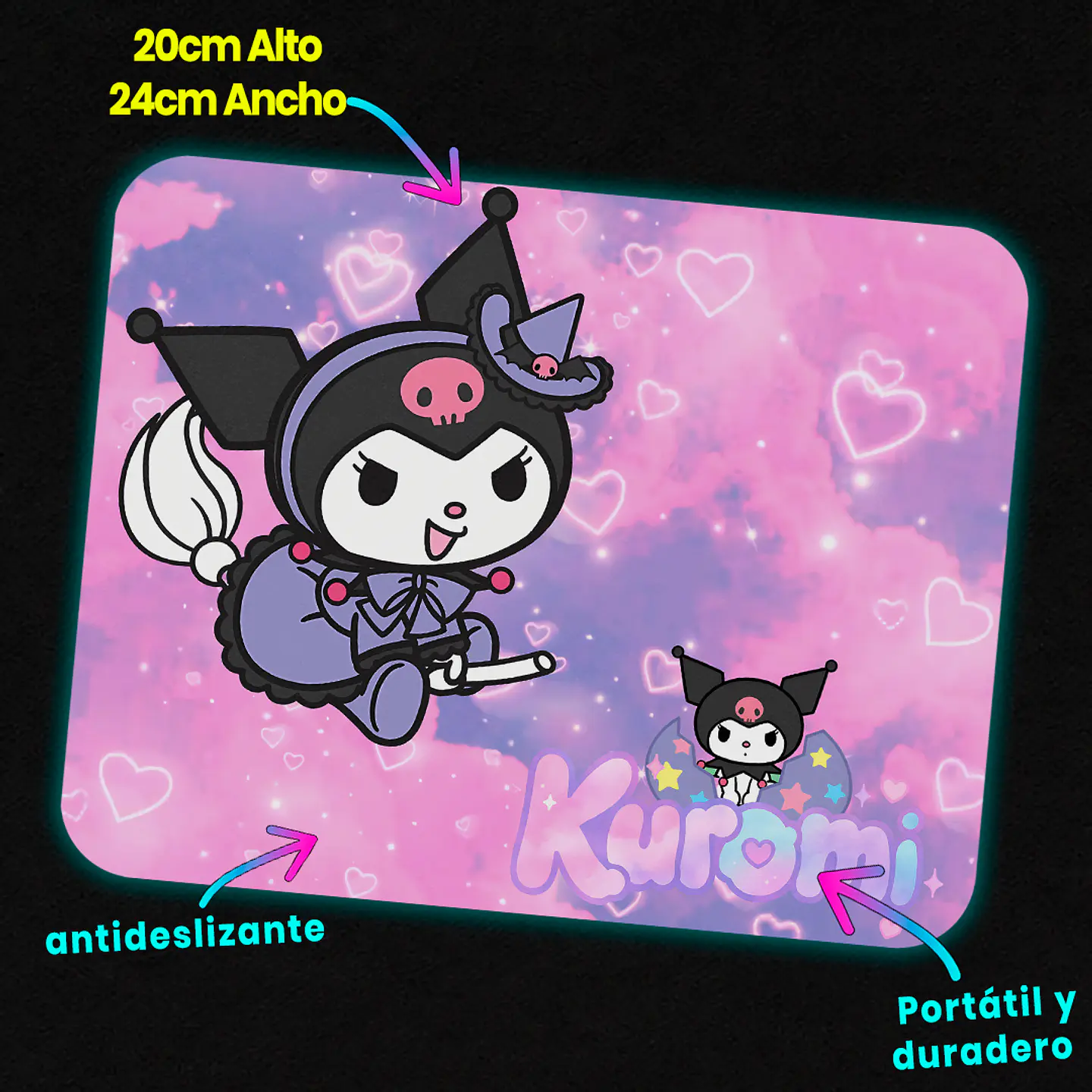 Mousepad 20x24 cm - Diseño Kuromi Brujita Fondo Rosado 3