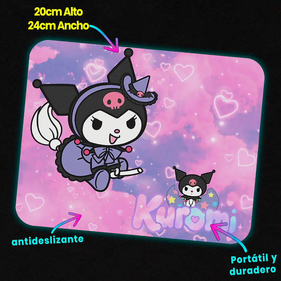 Mousepad 20x24 cm - Diseño Kuromi Brujita Fondo Rosado 3