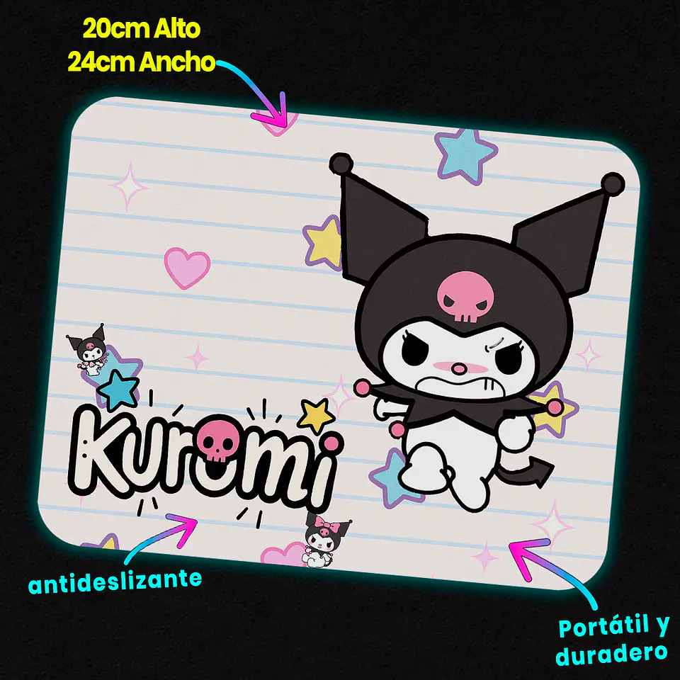 Mousepad 20x24 cm - Diseño Kuromi Estrellas y Corazones 3