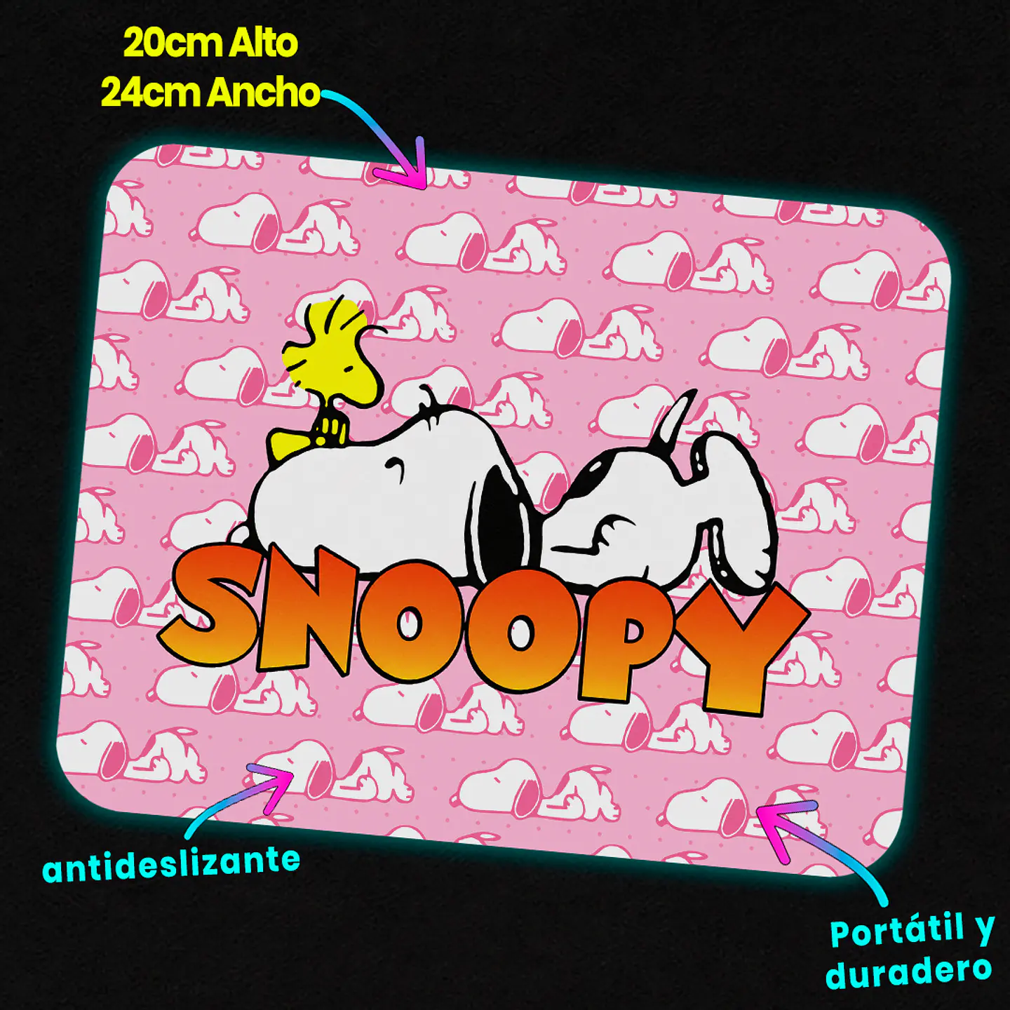 Mousepad 20x24 cm - Diseño Snoopy Fondo Rosado 3