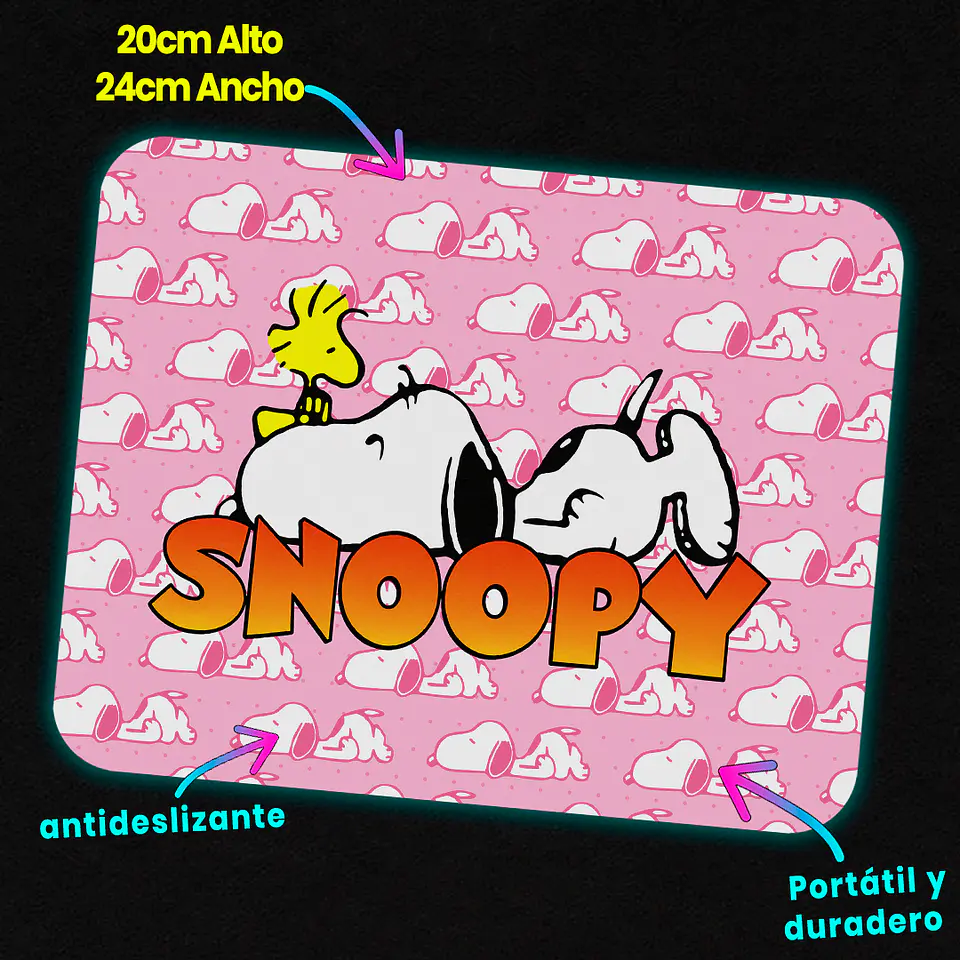 Mousepad 20x24 cm - Diseño Snoopy Fondo Rosado 3