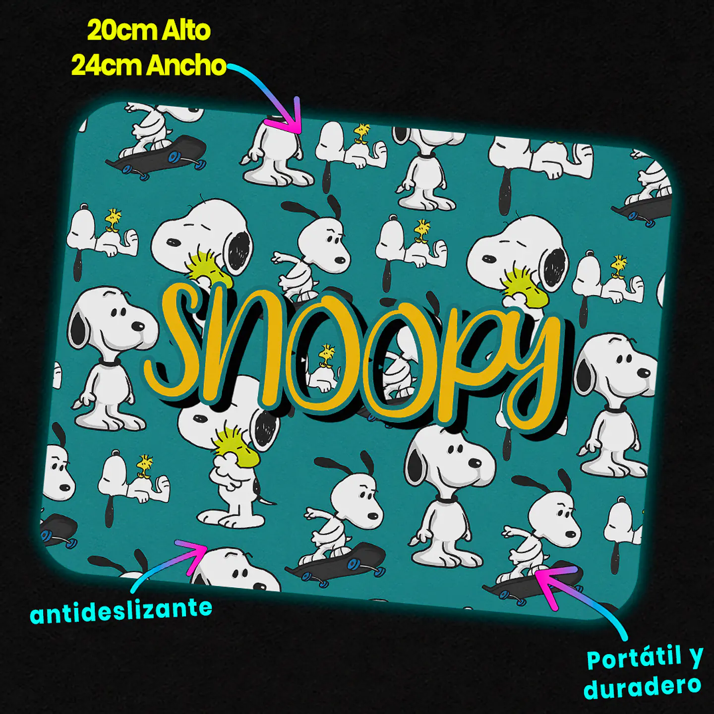 Mousepad 20x24 cm - Diseño Snoopy Fondo Turquesa 3