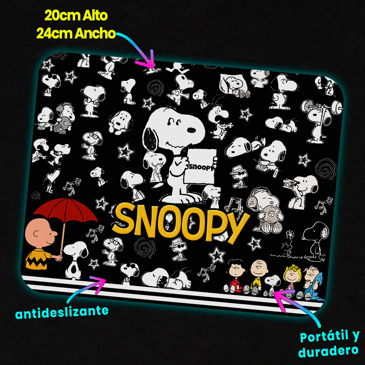Mousepad 20x24 cm - Diseño Snoopy Fondo Negro Collage 3