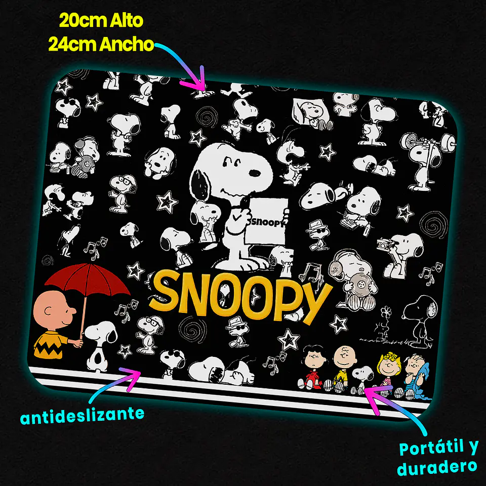 Mousepad 20x24 cm - Diseño Snoopy Fondo Negro Collage 3