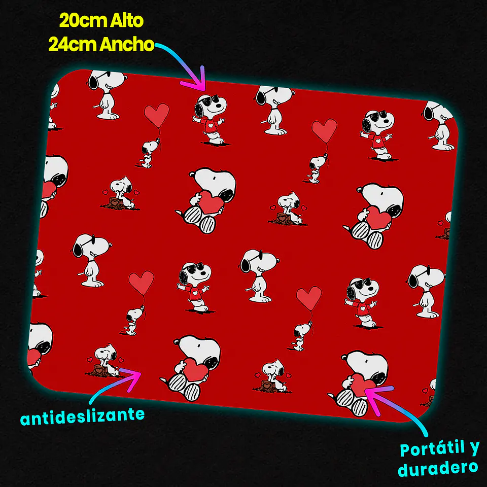 Mousepad 20x24 cm - Diseño Snoopy Fondo Rojo Corazones 3