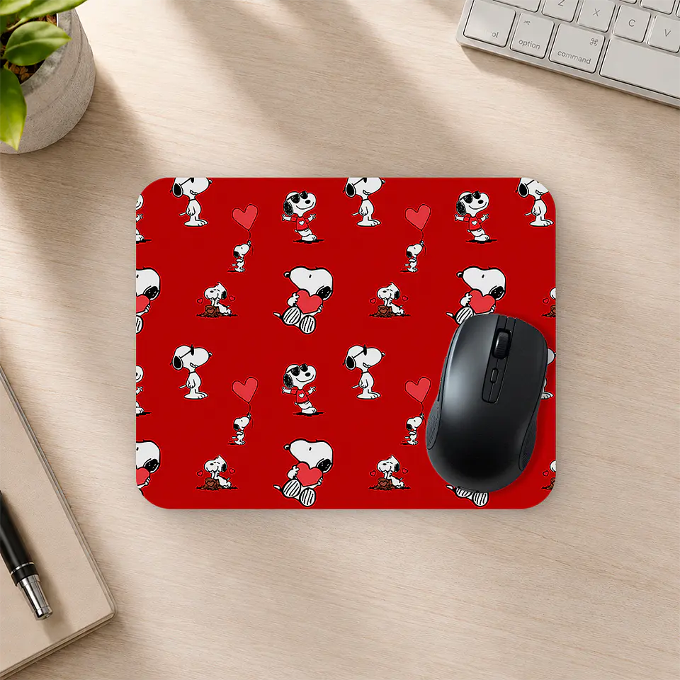 Mousepad 20x24 cm - Diseño Snoopy Fondo Rojo Corazones 2