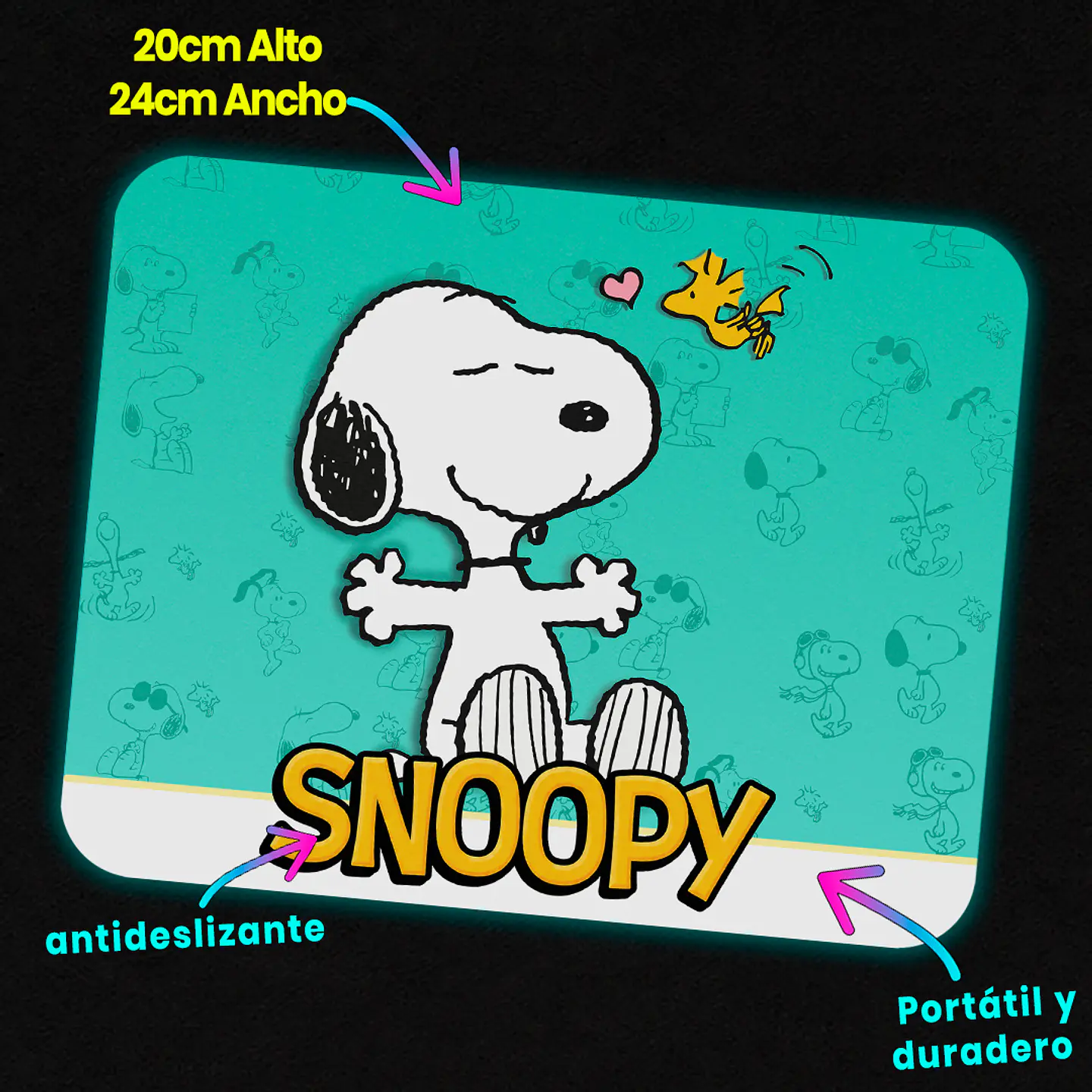 Mousepad 20x24 cm - Diseño Snoopy Fondo Turquesa Love 3