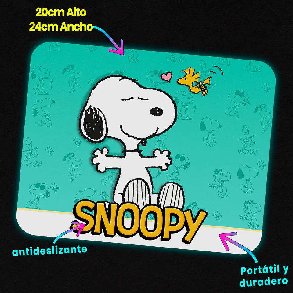 Mousepad 20x24 cm - Diseño Snoopy Fondo Turquesa Love 3