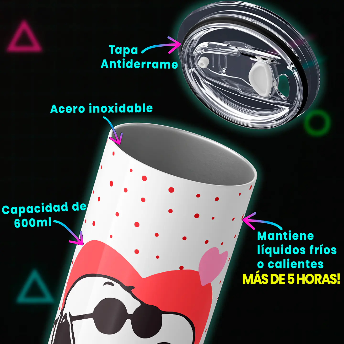 Mug Termo 600ml - Diseño Snoopy con Lentes y Corazones 3