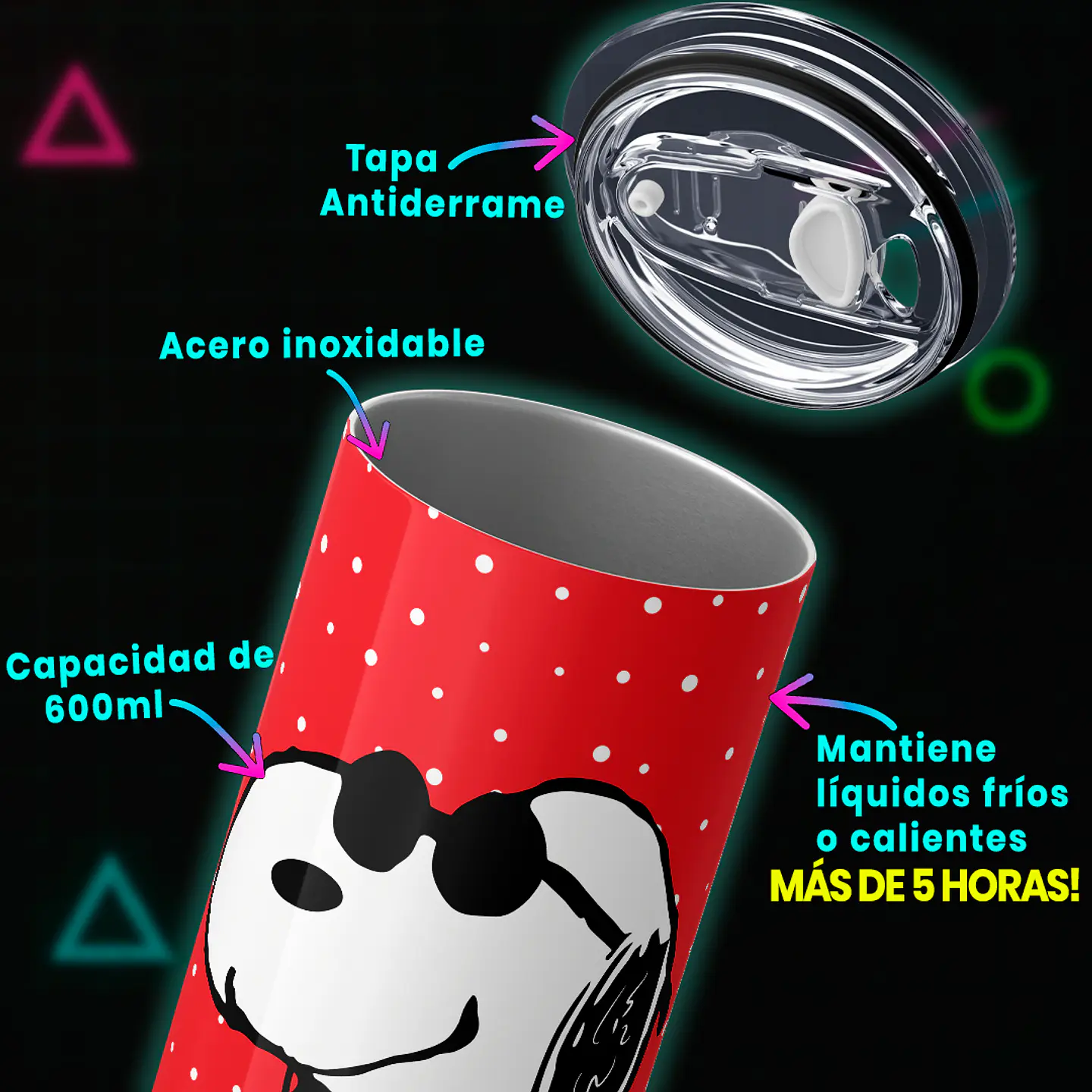 Mug Termo 600ml - Diseño Snoopy Joe Cool Fondo Rojo 3