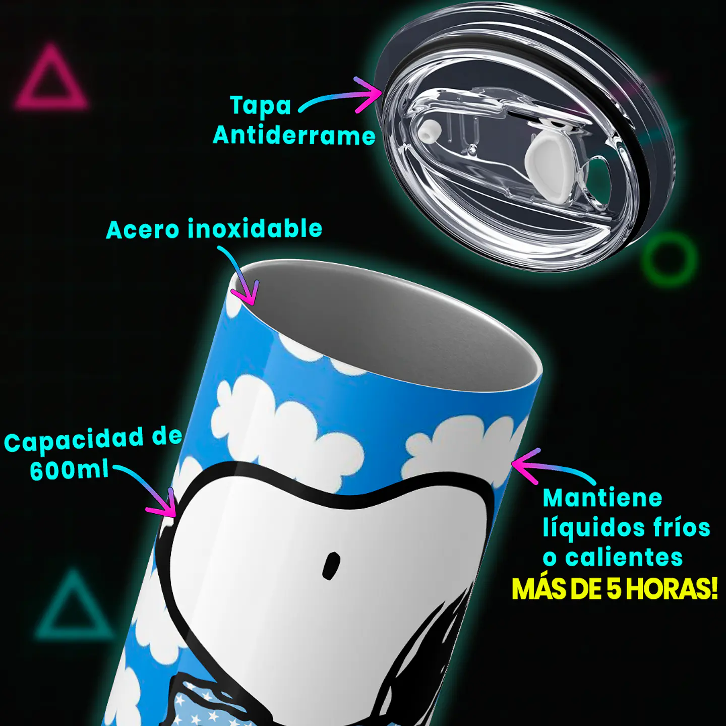 Mug Termo 600ml - Diseño Snoopy con Corbatín y Nubes 4