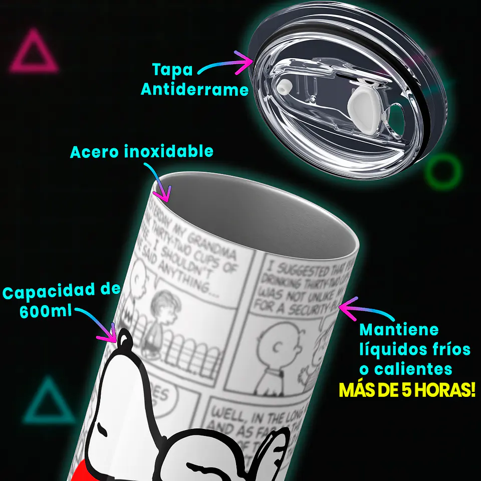 Mug Termo 600ml - Diseño Snoopy Corazón Rojo y Cómic 3