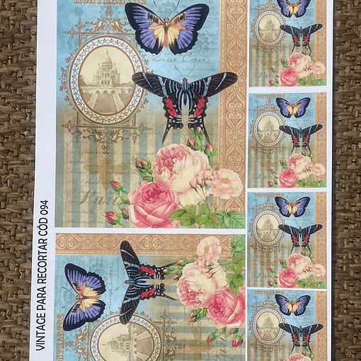 LAMINAS PARA DECOUPAGE   21x29 VINTAGE FLOR MARIPOSA PARIS