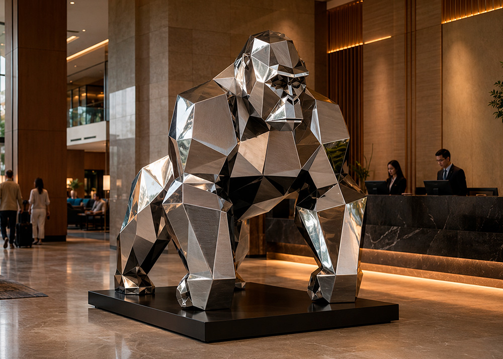 Escultura geométrica de gorila en un lobby contemporáneo