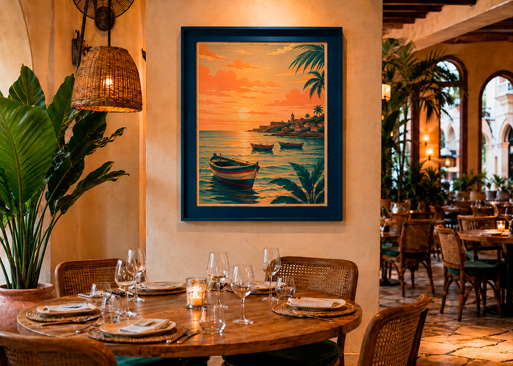 Obra Horizonte Caribe instalada en un restaurante