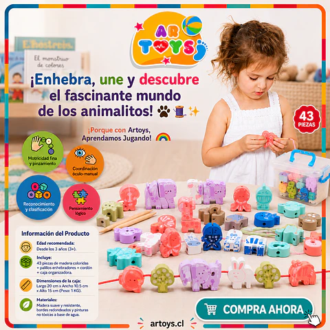 Puzle de Animalitos de Madera para Enhebrar (43 Piezas)