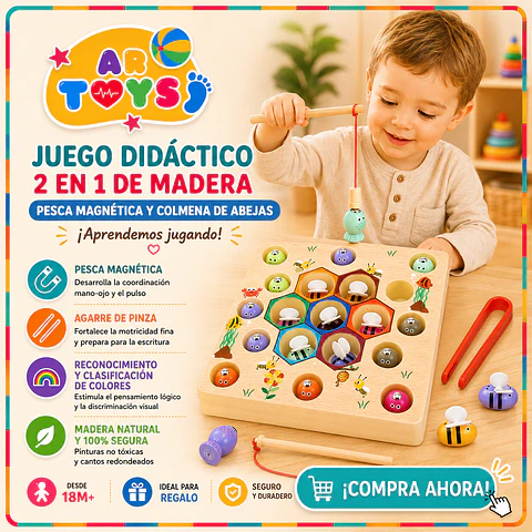 Juego Didáctico 2 en 1 de Madera: Pesca Magnética y Colmena de Abejas