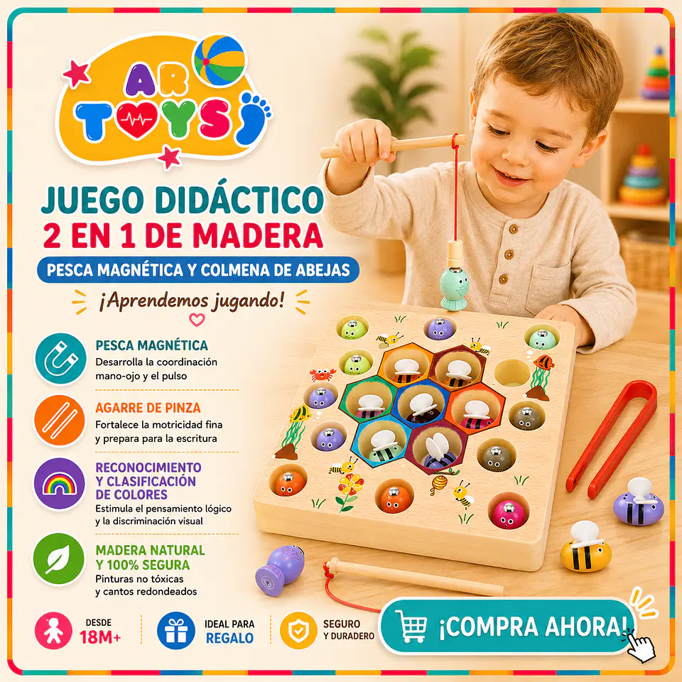 Juego Didáctico 2 en 1 de Madera: Pesca Magnética y Colmena de Abejas 1