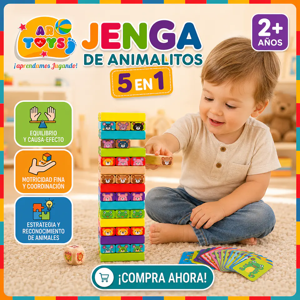 Jenga de Animalitos 5 en 1 de Madera 1