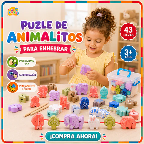 Puzle de Animalitos de Madera para Enhebrar (43 Piezas)