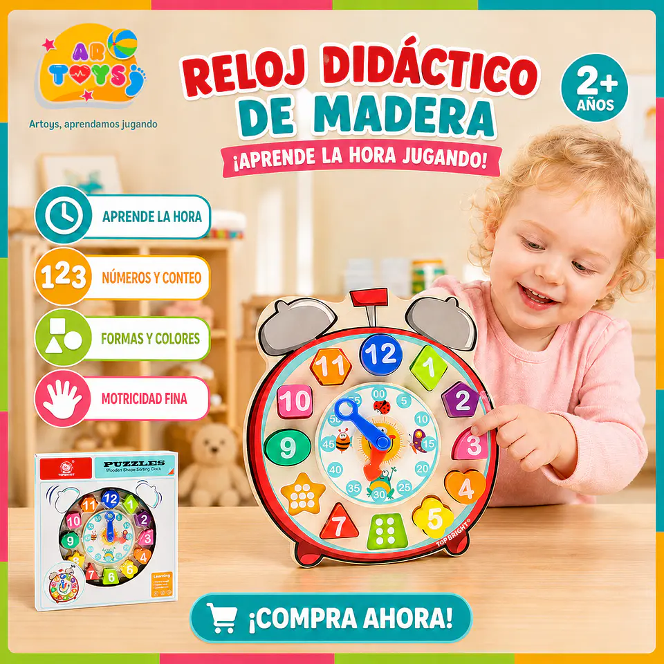 Reloj Didáctico de Madera con Números y Formas 1